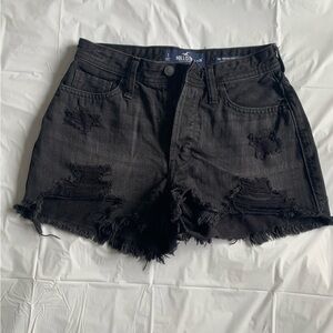 🖤 Hollister Black Distressed Jean Shorts - High  Rise Mom Short, Size 25 (1)